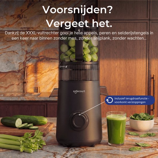 Safecourt Kitchen Slow Juicer XXL - leistungsstarker Motor [Vorschneider & Kaltpress-Technologie] - einfache Reinigung - BPA-frei - Entsafter Schwarz