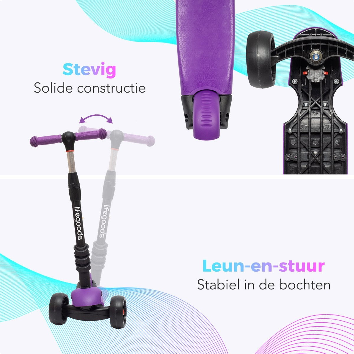LifeGoods MultiRider Kinder-Roller - Stufe 3-8 Jahre - Verstellbarer Sitz - Leuchtende Räder - Jungen/Mädchen - Lila