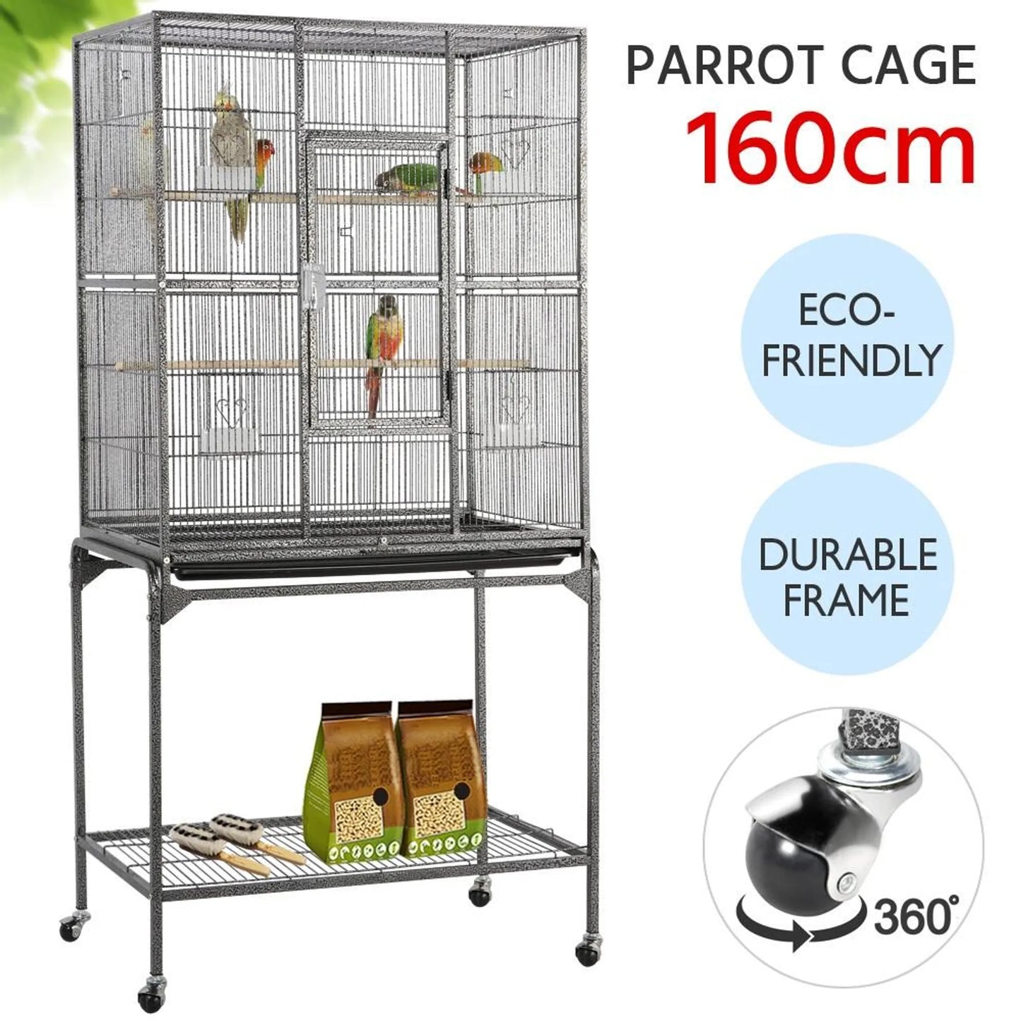 Yaheetech Vogelkäfig mit mobilem Sockel - ausgestattet mit herausnehmbarem Käfig und sechs Zugangstüren und Ablagefläche - für Sittiche und Falken - gehämmertes schwarzes Metall - 81 x 47 x 160 cm
