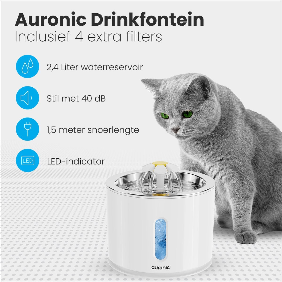 Auronic Trinkbrunnen - Wasserbrunnen für Katzen und Hunde - 2.4L - Tiertränke - Inkl. 4 Filter und 2 Bürsten - Weiß