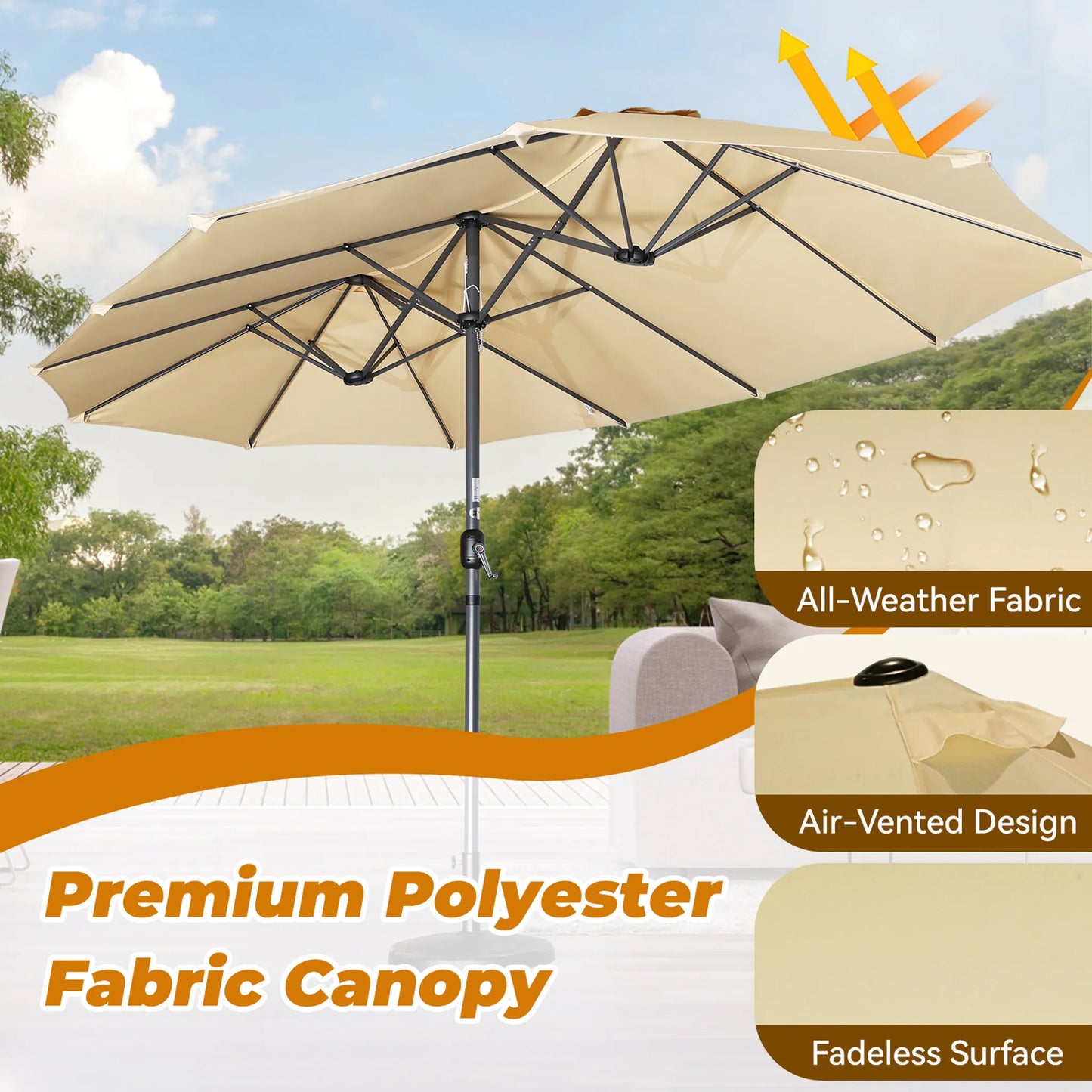 Angel Living Doppel-Sonnenschirm – 460 x 270 cm – mit Drehkurbel – UPF 50+ – beige