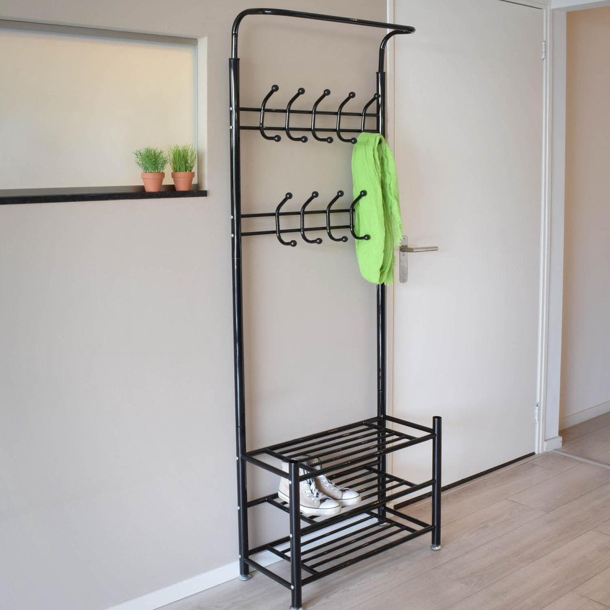 O'DADDYÂ¬Ã† Garderobenständer stehend - Garderobe mit Schuhablage - 18 Haken 2 Lagen Schuhablage 6 Paar - Garderobenständer Metall - 66 x 30 x 190 cm - schwarz