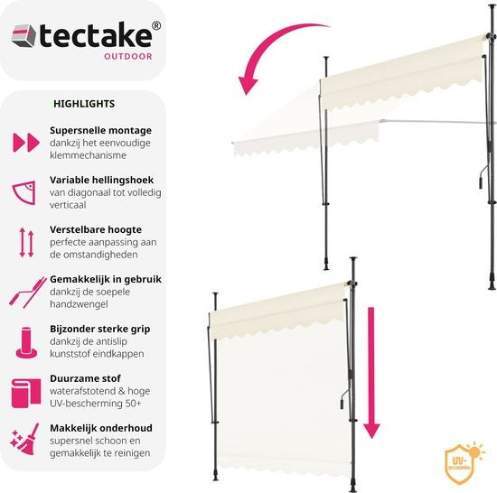 tectake - Klemmmarkise - Sonnenschirm - Verstellbar - Klemmmarkise - Sonnenschirm Balkon - 250 x 180 cm - beige - Markise - 404960