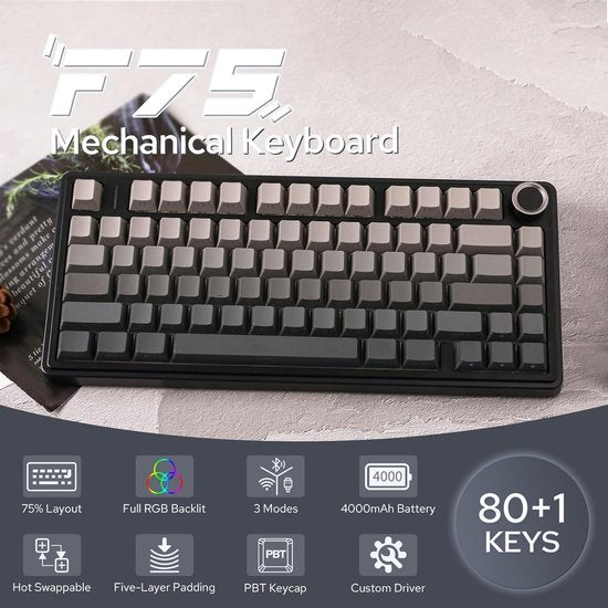 AULA F75 Pro – Kabellose Gaming-Tastatur – Mechanisch – Seitlich bedruckte Tasten – Gasket-Schalter – Hot-Swap – Tri-Mode – QWERTY-Tastatur – 80 Tasten – Schwarz-Grau