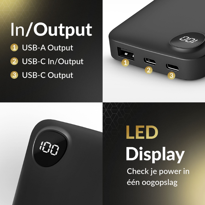 Surge C-Twin Powerbank 10.000mAh 22,5W - 2x USB-C + USB - Schwarz - Kompakt 14,2 x 6,8 x 1,6 cm