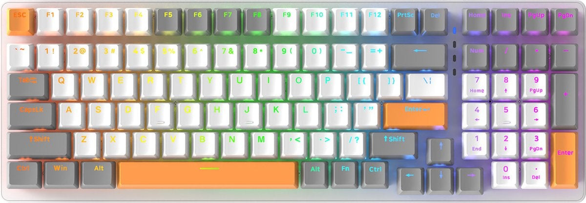 Fuegobird K3 Mechanische Gaming-Tastatur - 100 Tasten - Roter Schalter - QWERTY - Mechanische Tastatur mit RGB-Hintergrundbeleuchtung - Weiß/Orange