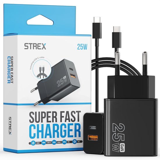 Strex USB-C & USB-A Schnellladegerät 25W - GaN-Ladegerät mit PD 3.0 & QC 3.0 - inkl. USB-C Kabel - Schwarz