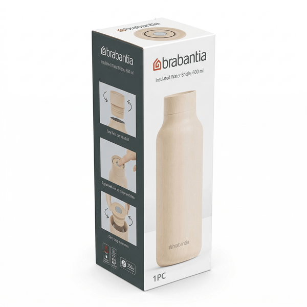 Brabantia Trinkflasche 600 ml – isoliert, mit Klickverschluss – 7,2 x 24 cm