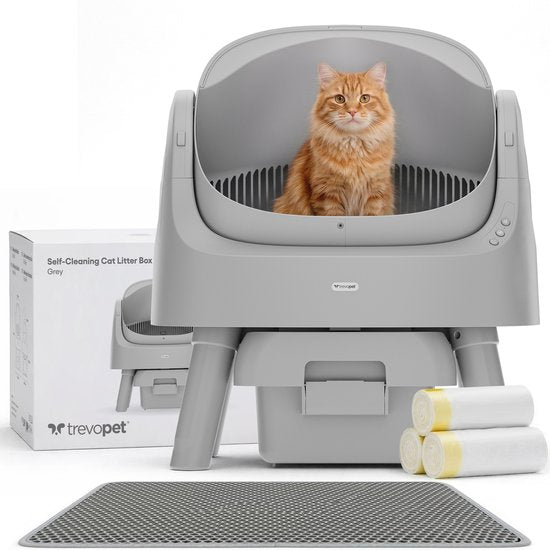 TrevoPet® Automatisches Katzenklo - Selbstreinigend & Sicher - Für Katzen bis zu 12KG - Inkl. Matte, 60 Abfallbeutel & Zubehör - 10L Abfallbehälter - Grau