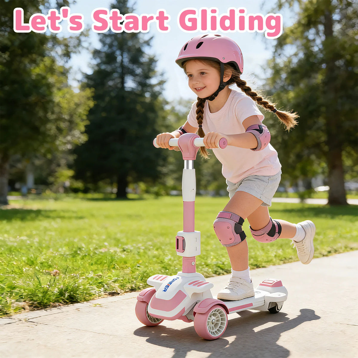 Neuleb 4-Rad-Roller für Kinder von 3 bis 8 Jahren, Kick-Roller mit drehbarem Sitz, maximale Tragkraft 100 kg, höhenverstellbar, Lenkung durch Neigen, für Jungen und Mädchen geeignet, rosa