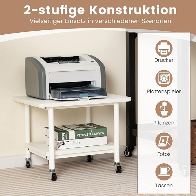 Coast Drucktisch mit 2 Ebenen und Rollen – 49 x 40 x 38 cm – Weiß
