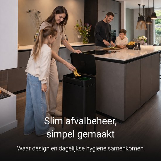 Abfallbehälter mit 60-Liter-Fach – inklusive 2x 30-Liter-Abfalltrennringen – Edelstahl – Schwarz – 42 x 33 x 76 cm – STAUS&BACH Nuvio