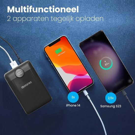 Auronic Powerbank - Schnellladegerät für iPhone und Samsung - 10.000 mAh - 22,5 W - 2 Ladeanschlüsse - Schnellladen über USB-A und USB-C - Schwarz
