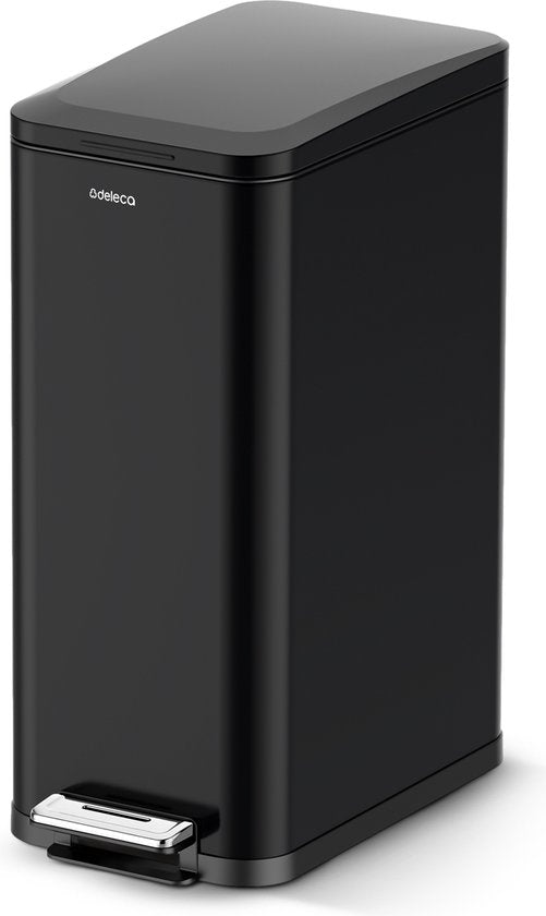 Deleca Mülleimer Prestige - 50 Liter - Schmal - Edelstahl Abfalleimer / Abfallbehälter / Tret-Abfalleimer - Mit Fußpedal und Slow Close - Mattschwarz
