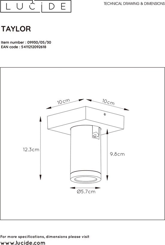 Lucide TAYLOR – Deckenstrahler (Deckenleuchte) für das Badezimmer – LED „Dim to warm“ – GU10 – 1×5 W 2200 K/3000 K – IP44 – Schwarz