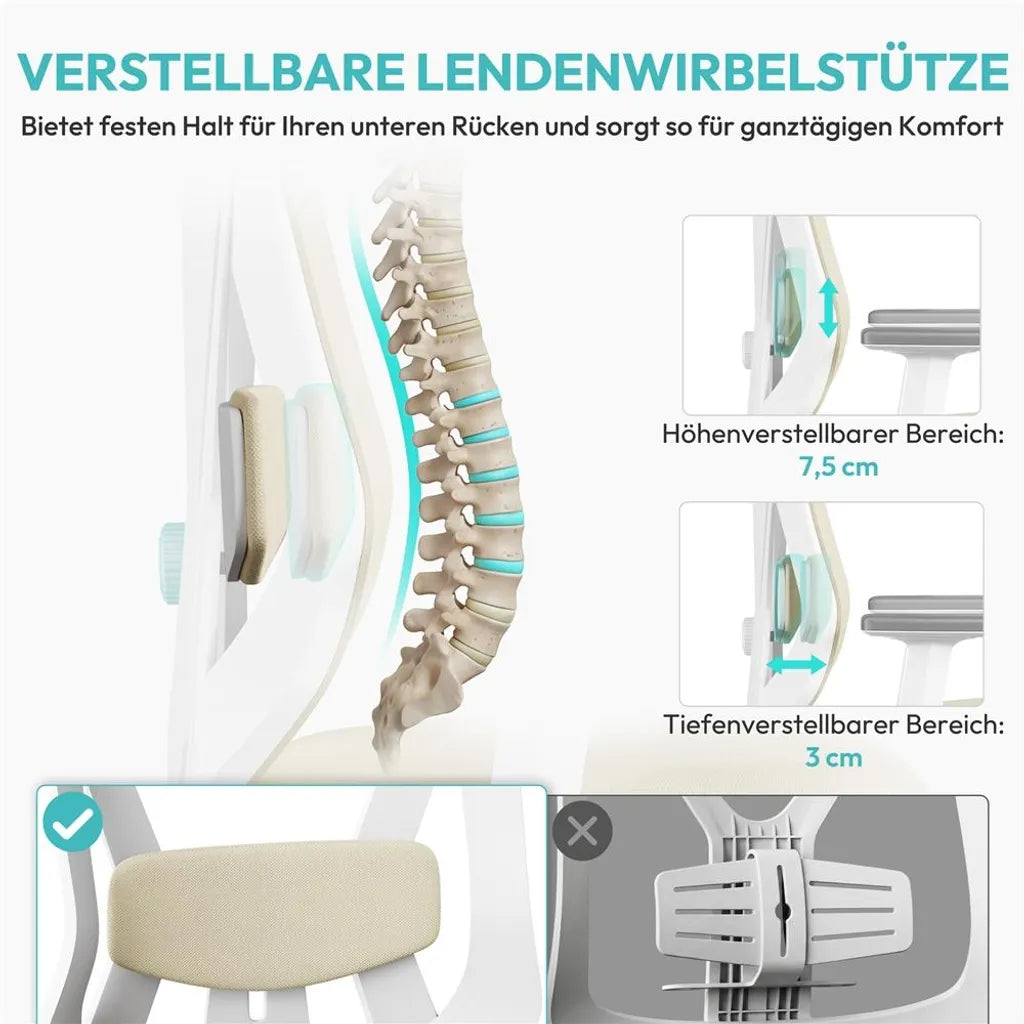Yaheetech Ergonomischer Bürostuhl mit verstellbarer Kopfstütze und Lendenwirbelstütze – Beige – 70 x 59 x 115–125 cm