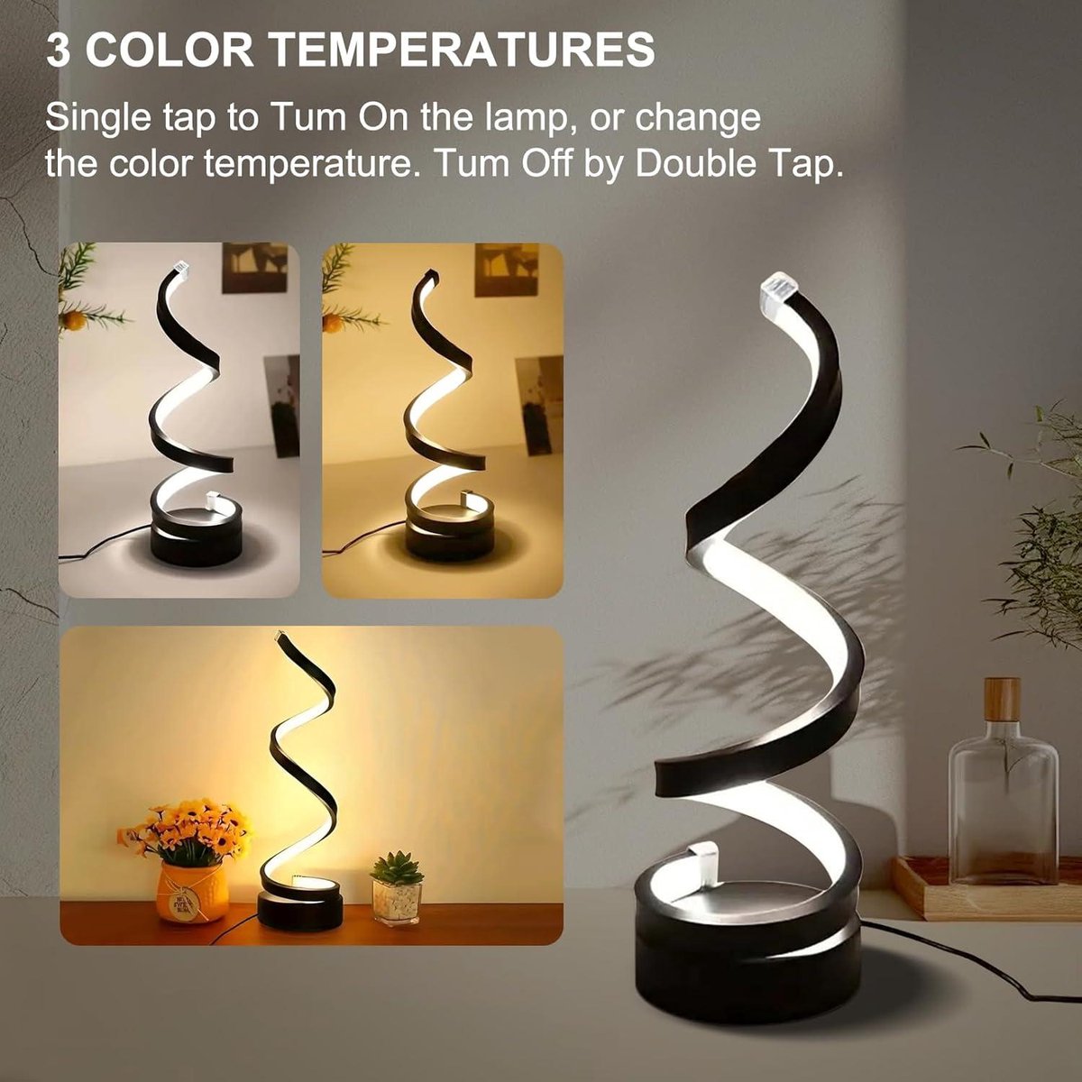 NEXXT - LED-Tischleuchte Spirale - USB-betrieben - Dimmbar - 3 Lichtfarben - Minimalistisches Design - Nachttisch / Schreibtisch - Schwarz