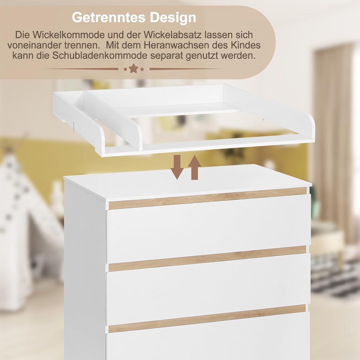 WOLTU Babykommode mit abnehmbarer Wickelauflage – 4 Schubladen – FSC-zertifiziertes Holz – Weiß