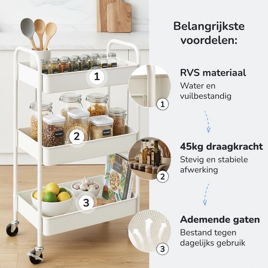 Küchenwagen auf Rädern - 3 Schichten - Küchenregal - Servierwagen - Schrank - Wagen - Aufbewahrung - Duschkabinen stehend - Regal - Weiß - Luft