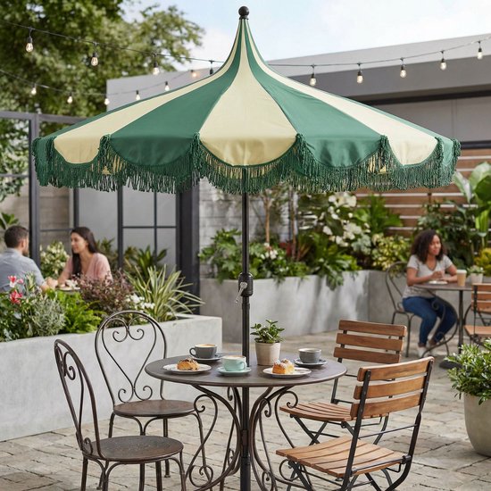 Mica Decorations Kim – Gestreifter Sonnenschirm mit Tragetasche – Stangensonnenschirm 238 x Ø 235 cm – Garten- oder Balkonsonnenschirm – Polyester, Stahl – Dunkelgrün