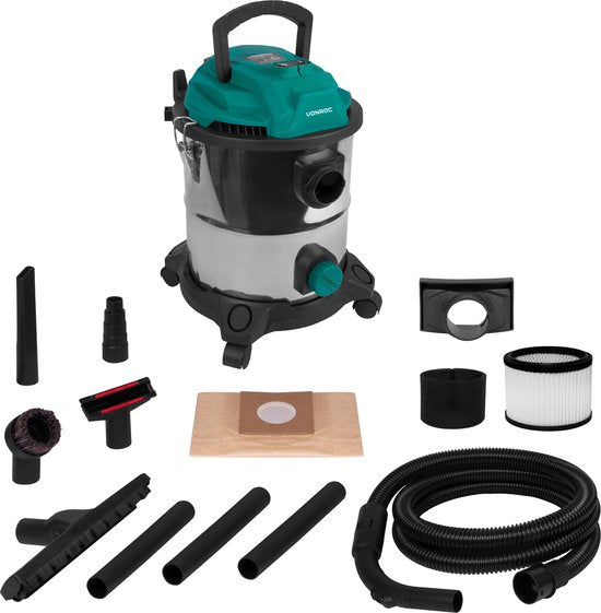 VONROC Nass- und Trockensauger - Allzwecksauger - 1400W - Blasfunktion - 20L Tank - 3m Schlauch - 6m Netzkabel