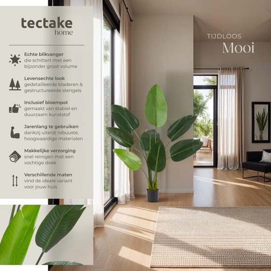 tectake® Künstlicher Paradiesvogelbaum Tropic - Strelitzia - Naturgetreue Kunstpflanze mit detaillierten Blättern und stabilem Blumentopf - Pflegeleicht und vielseitig einsetzbar - Höhe: 120 cm