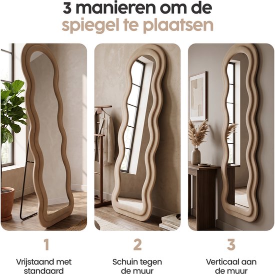 Infinity Goods Wandspiegel „Wavy“ – 160 x 60 cm – Design-Wandspiegel – gepolsterter Standspiegel – Wildleder – Beige