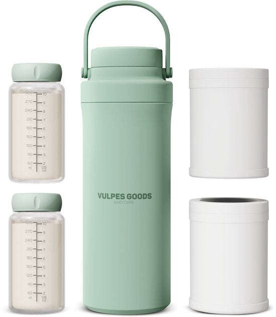Vulpes Goods® BabyCare - Milchkühler für unterwegs - Tragbarer Muttermilchkühler - Edelstahlflasche 750ml + 2x 300ml BPA-freie Flaschen - Bis zu 24h Kühlung - Tragbarer Muttermilchkühler - Ohne Strom oder Eis - Kompakt & auslaufsicher