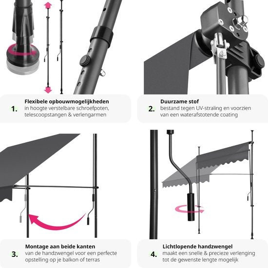 tectake - Klemmmarkise - Sonnenschirm - Verstellbar - 200 x 180 cm - Anthrazit