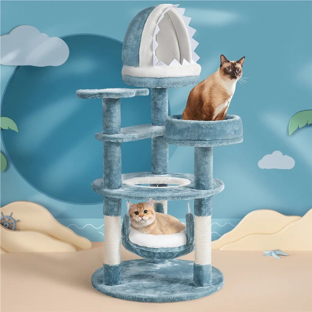 Yaheetech Kratzbaum Ocean Style 115 cm - Blau/Weiß - Kratzbaum mit Katzenhaus, Liegekorb, Plateau und Sisalpfosten