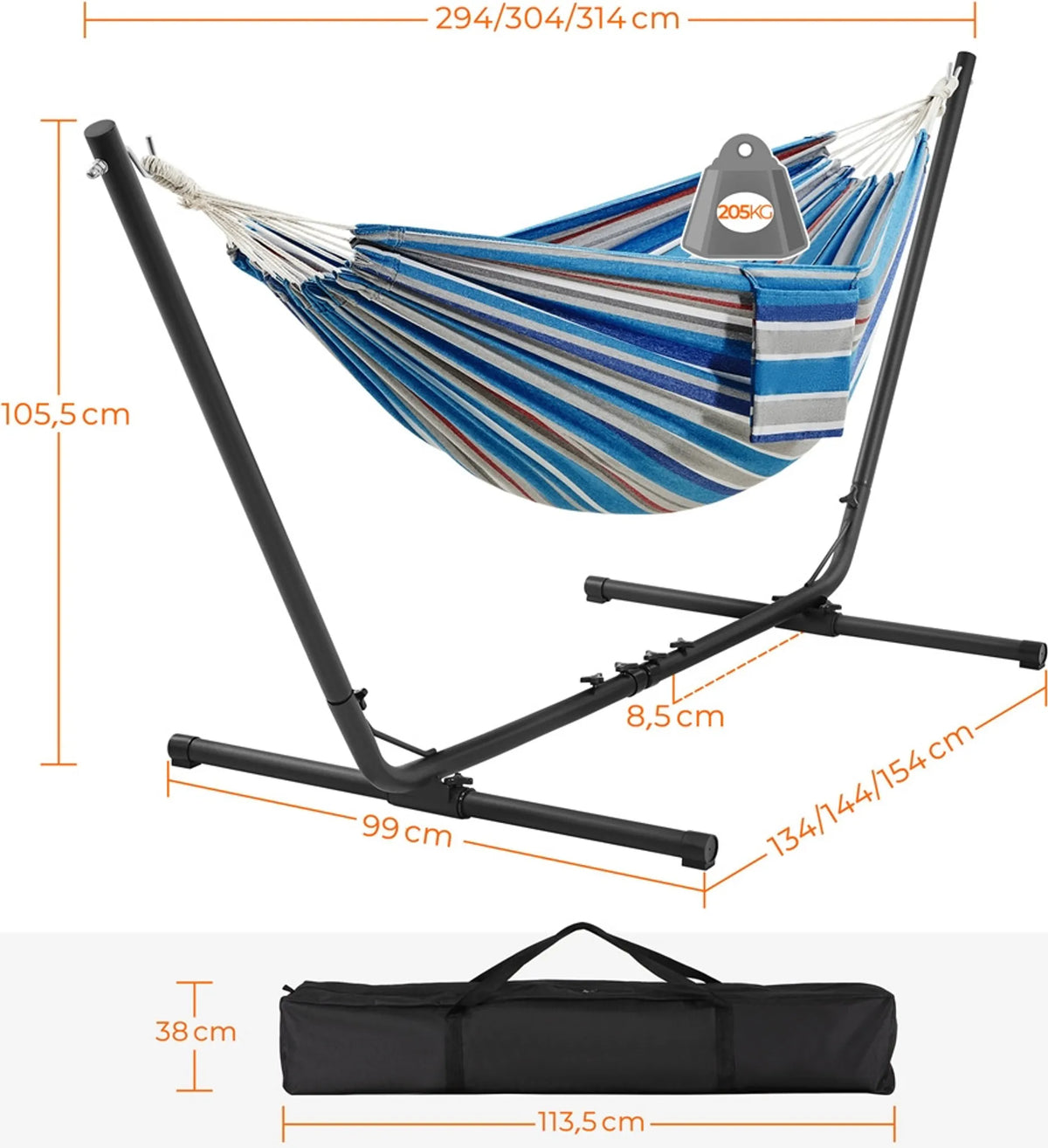 Camping-Hängematte mit Ständer für 2–3 Personen, verstellbar von 294 bis 314 cm, blau