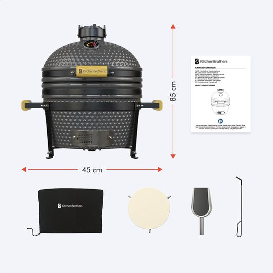 KitchenBrothers Kamado BBQ - 16-Zoll-Holzkohlegrill - 34⌀ cm - PFAS-frei - Deluxe-Set - Eiergrill mit Zubehör - Grau