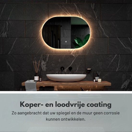 Mirlux Badezimmerspiegel mit LED-Beleuchtung & Heizung - Wandspiegel Oval - Anti-Kondensations-Duschspiegel - 90x60CM