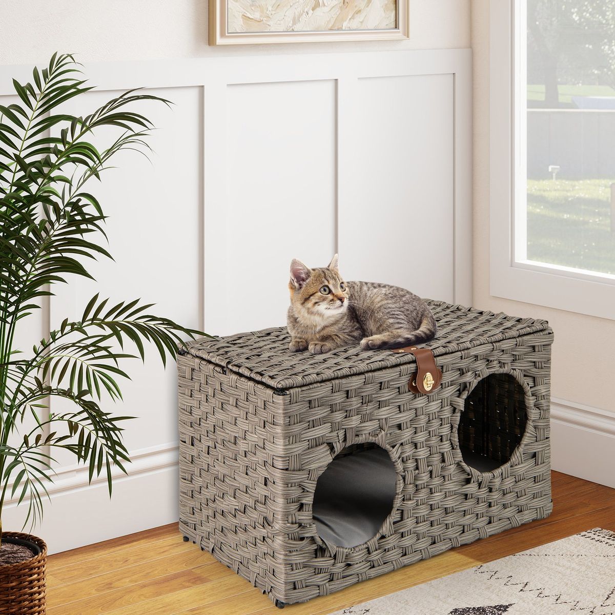 Coast Katzenhaus aus Schilf – zusammenklappbares Katzenbett – abnehmbares Kissen – verschließbarer Deckel – 60 x 35 x 35 cm