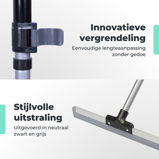 CLEANLY Bodenwischer mit Griff Teleskop 113-142 cm - Badezimmer-Bodenwischer mit Gummiwischer - Wasserwischer - Duschwischer - Breite 43,5 cm - Schwarz, Grau