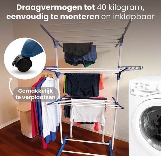 Shine Zusammenklappbarer Wäscheständer mit 3 Etagen und Rädern - Trockenturm - Wäscheständer mit 18 Stangen und 2 Haken - Edelstahl - Verstärktes ABS - 15 Meter Wäscheleine