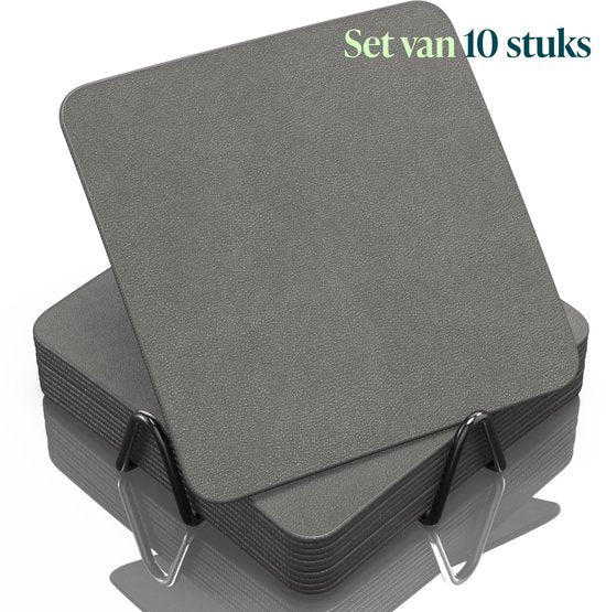 Castagnola Untersetzer aus Kunstleder – Untersetzer für Gläser – Design-Untersetzer mit Halter – Untersetzer-Set aus Kunstleder mit Metallhalter – Leder – 10er-Set – Grau – 10 x 10 cm