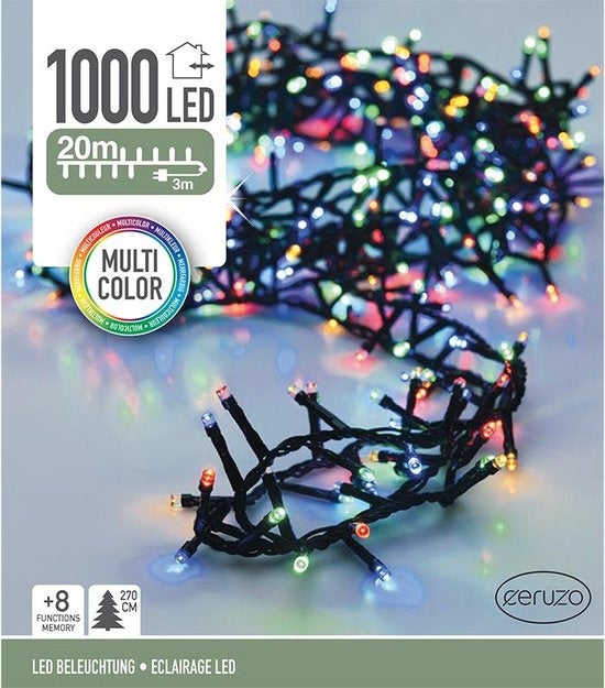 Ceruzo Farbige Weihnachtslichter - Micro Cluster - 1000 LEDs - 20 Meter - 8 Lichtfunktionen + Memory - mehrfarbig