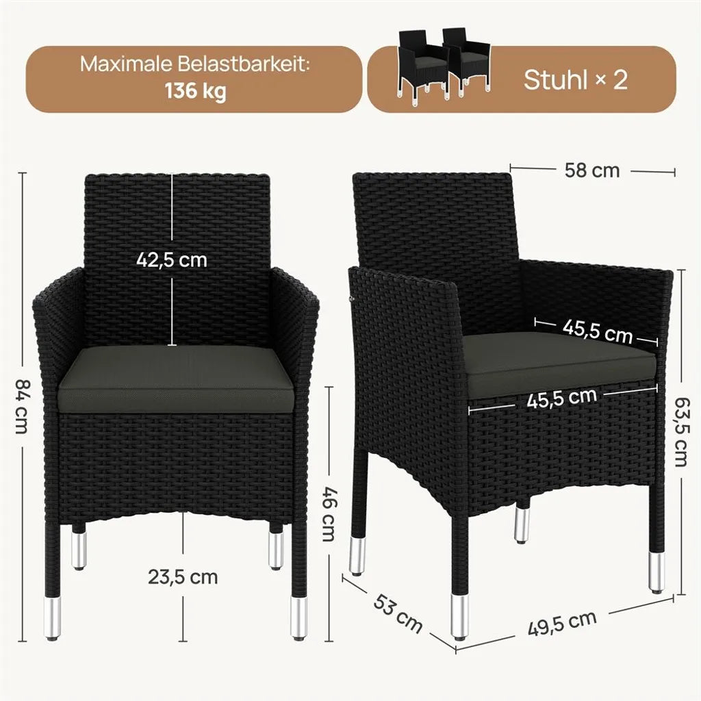 Yaheetech 2er-Set Gartenstühle 58 x 58 x 84 cm – Schwarz/Grau – Gartenstühle aus Polyrattan mit Sitz- und Rückenkissen