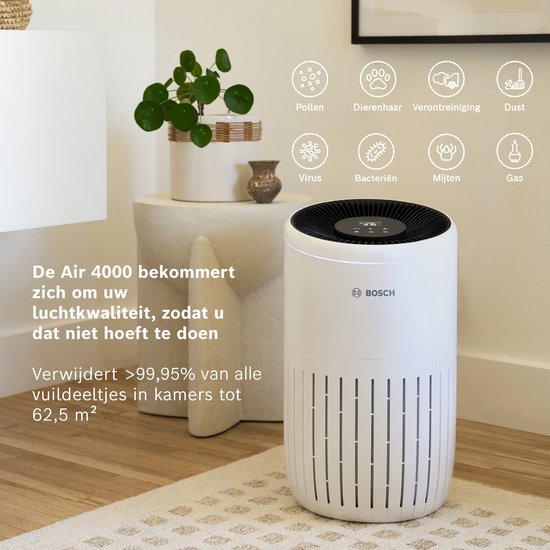 Bosch Air 2000 Luftreiniger für bis zu 37,5 m² – Entfernt Schadstoffe effizient mit HEPA-Filter, Smart-Sensor und leisem Modus – für Allergiker