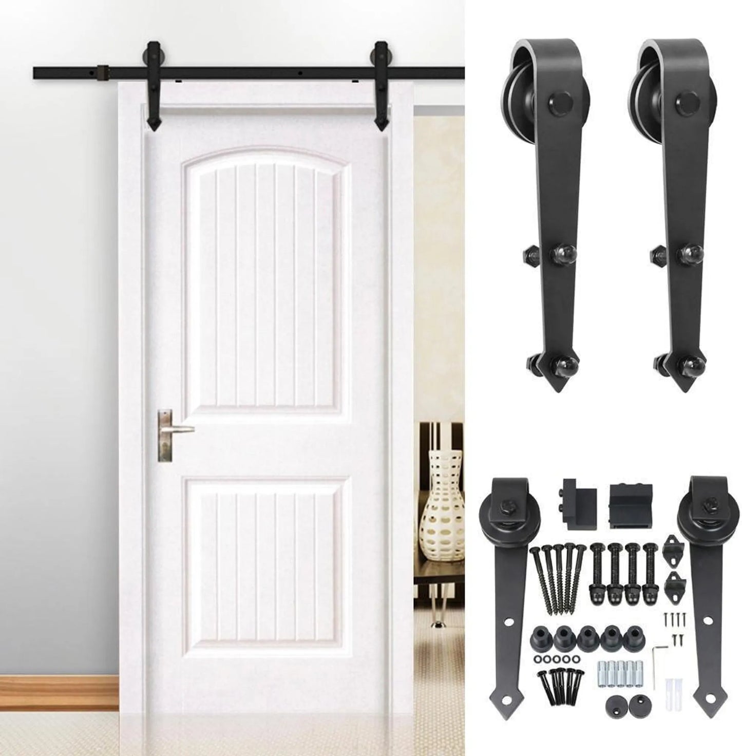 Yaheetech Sliding Door Hardware Set 183 cm - Ausgestattet mit Karbonstahlrollen und Türstoppern und Bodenführung - Für Holz- und Metalltüren - Schwarzes Eisen - 183 x 23 x 5,5 cm