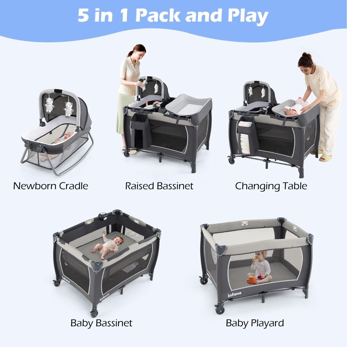 Coast 5-in-1-Reisebett für Babys – Zusammenklappbares Babybett mit Wickeltisch und Aufbewahrungskorb – Inklusive Tragetasche – Grau