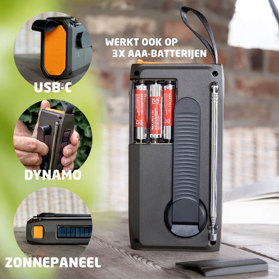 BREND Notfallradio - Mit DAB und FM - Bluetooth-Lautsprecher - SOS-Alarm - Powerbank - LED-Taschenlampe - USB-C - Mit Solarpanel und Kurbel
