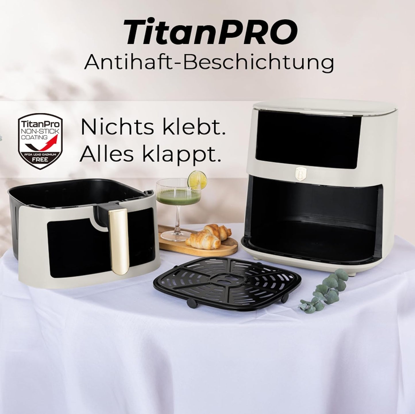 Berlinger Haus Heißluftfritteuse 8 Liter – Matt-Creme – Digitales Touch-Display – 1650 W – 33 x 36,5 x 36,5 cm