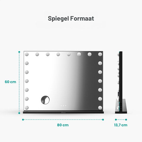 Mirlux Hollywood Mirror 80x60CM - 2 Bluetooth-Lautsprecher - USB & USB-C Ladeanschlüsse - LED-Beleuchtung - Schminkspiegel - 10x Zoom - Aufhängbar - Schwarz