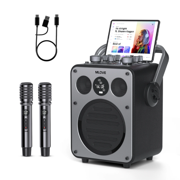 MLOVE D5 Karaoke-Anlage – 200 W – 2 drahtlose Mikrofone – Bluetooth – Schwarz