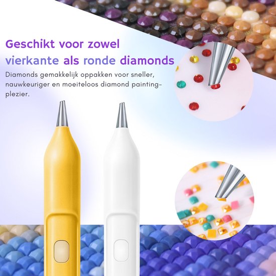 Rubye® - Elektrischer Diamantmalstift - Mit Vakuumtechnik - Wiederaufladbar über USB-C - Komfortabel in der Anwendung - Für runde und eckige Steine - Weiß