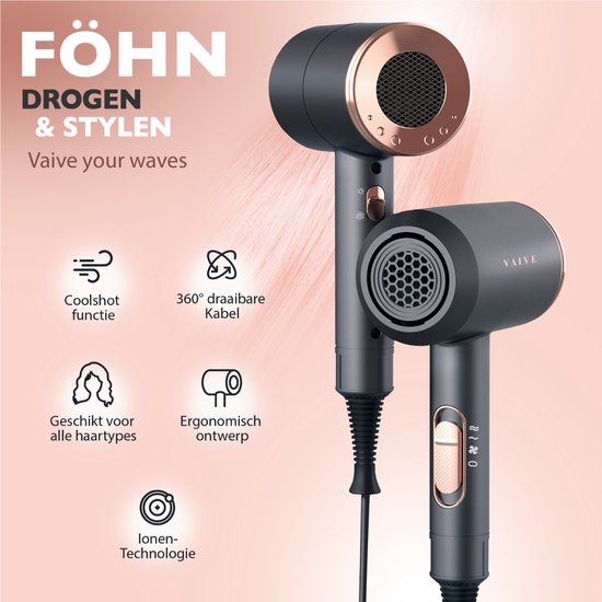 VAIVE Ionic Hairdryer mit Diffusor - Haartrockner 2000 Watt - Haartrockner mit Coolshot - 3 Einstellungen
