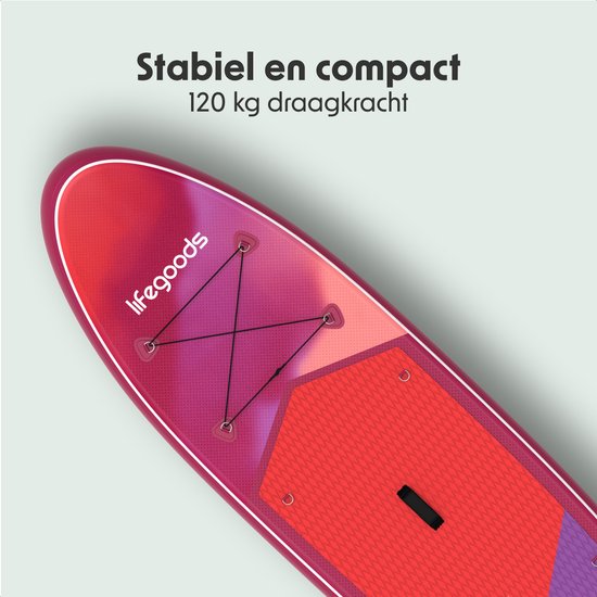 LifeGoods SUP Board All-round Compact - 100 KG Belastbarkeit - 300 x 76 cm - Aufblasbar - Komplettes SUP Paket - Rot/Lila