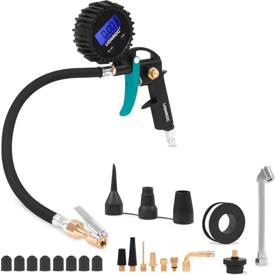 VONROC PRO Reifenpumpe - Fahrradpumpe - 3-in-1: pumpen, Druck messen und entlüften - Digitales Manometer - Geeignet für Kompressor und Druckluft - 10 bar - Universal EURO/DIN 7,2mm Kopfdurchmesser - Inkl.